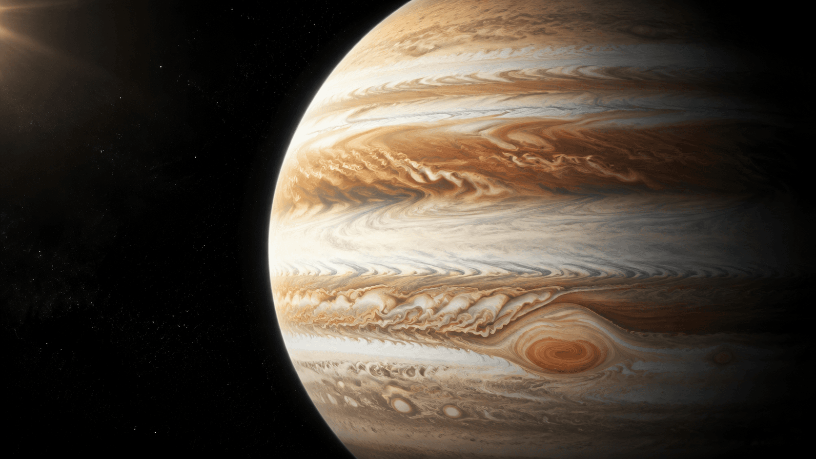 Jupiter showing colorful cloud bands, turbulent storms and the Great Red Spot
