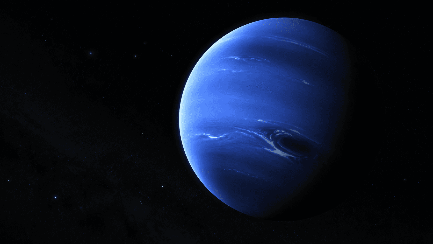 Neptune showing its deep blue atmosphere with bright cirrus-like clouds