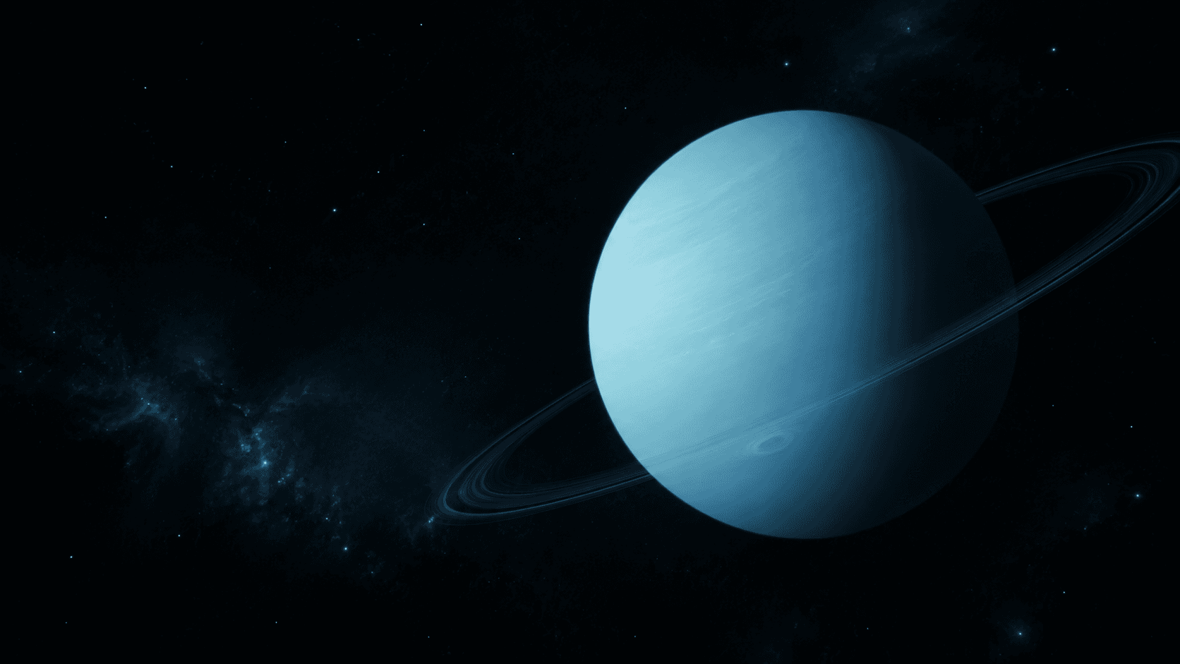 Uranus showing its pale blue-green disk tilted almost on its side