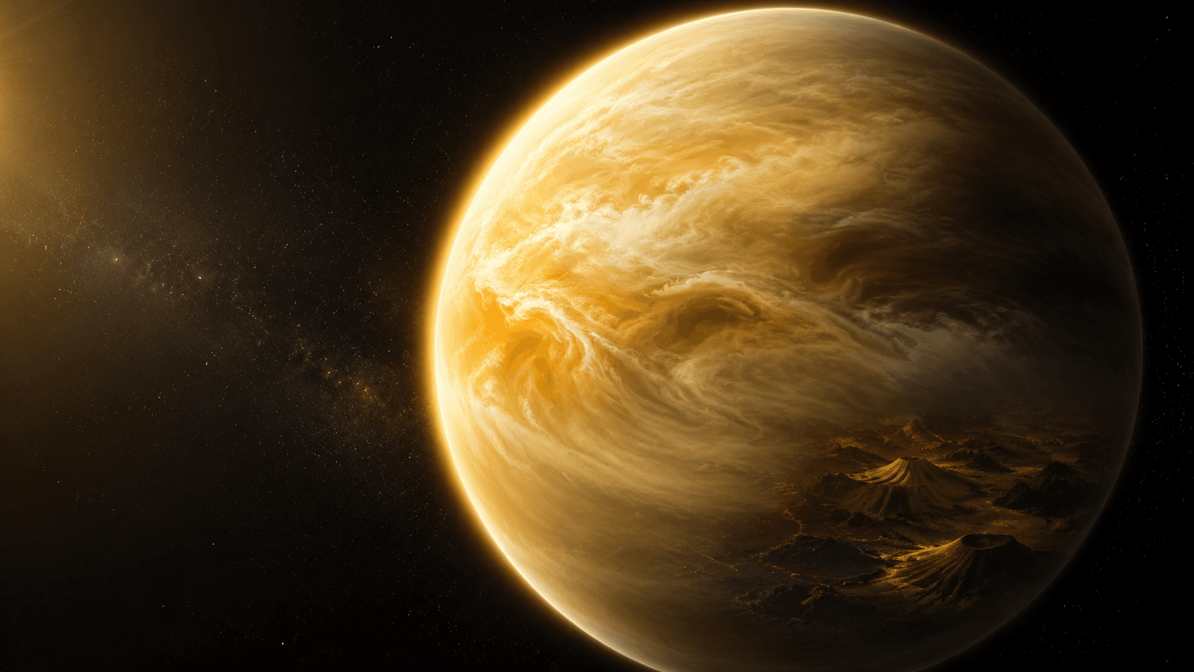 Venus surrounded by thick golden clouds above its extremely hot surface