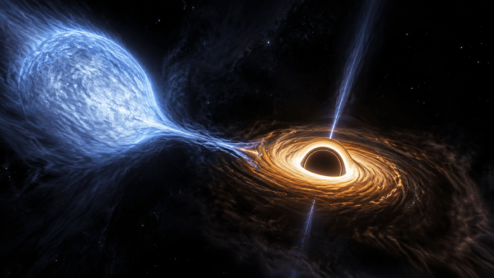 Illustration of a stellar-mass black hole with a bright accretion disk feeding from a companion star.