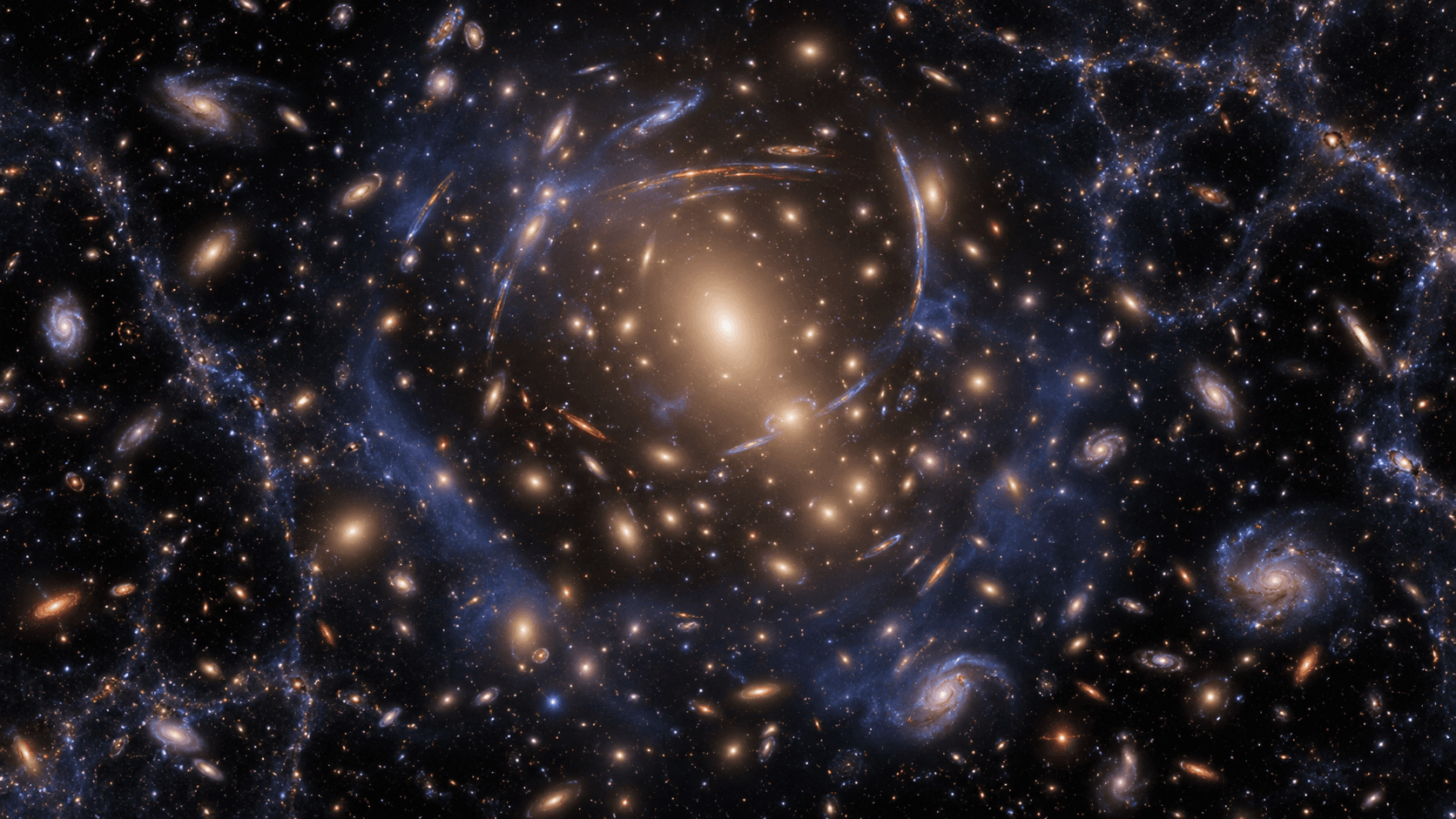 Illustration of a galaxy cluster showing many galaxies embedded in a diffuse hot gas envelope.