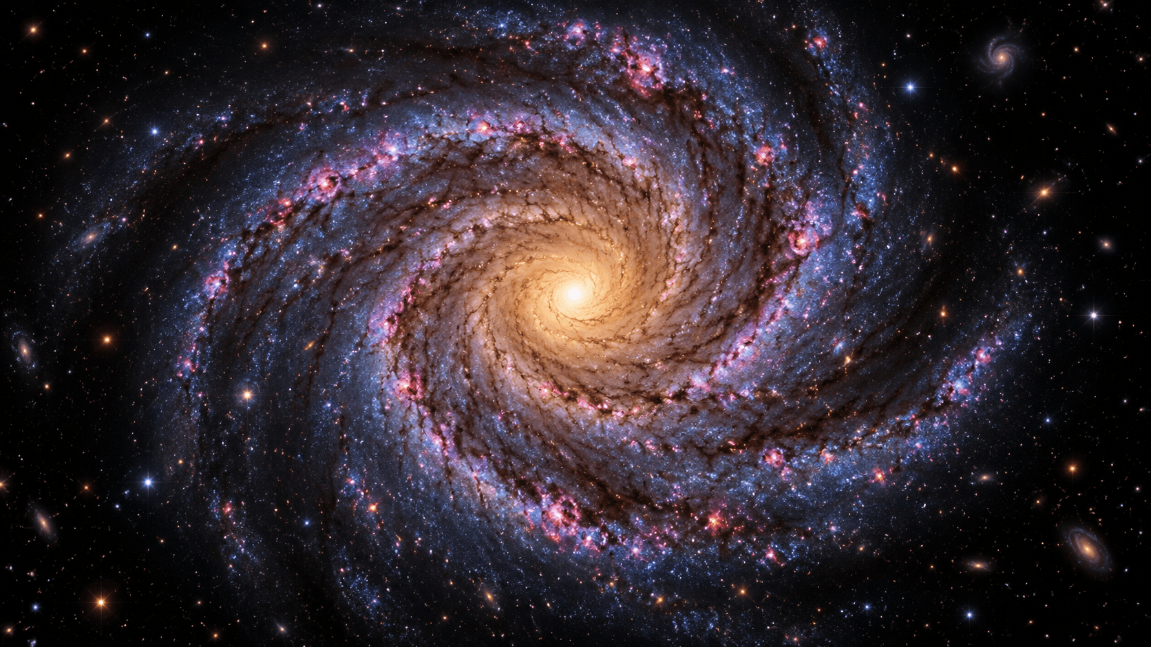 Illustration of a face-on spiral galaxy showing luminous spiral arms, a central bar and bulge, and dust lanes.
