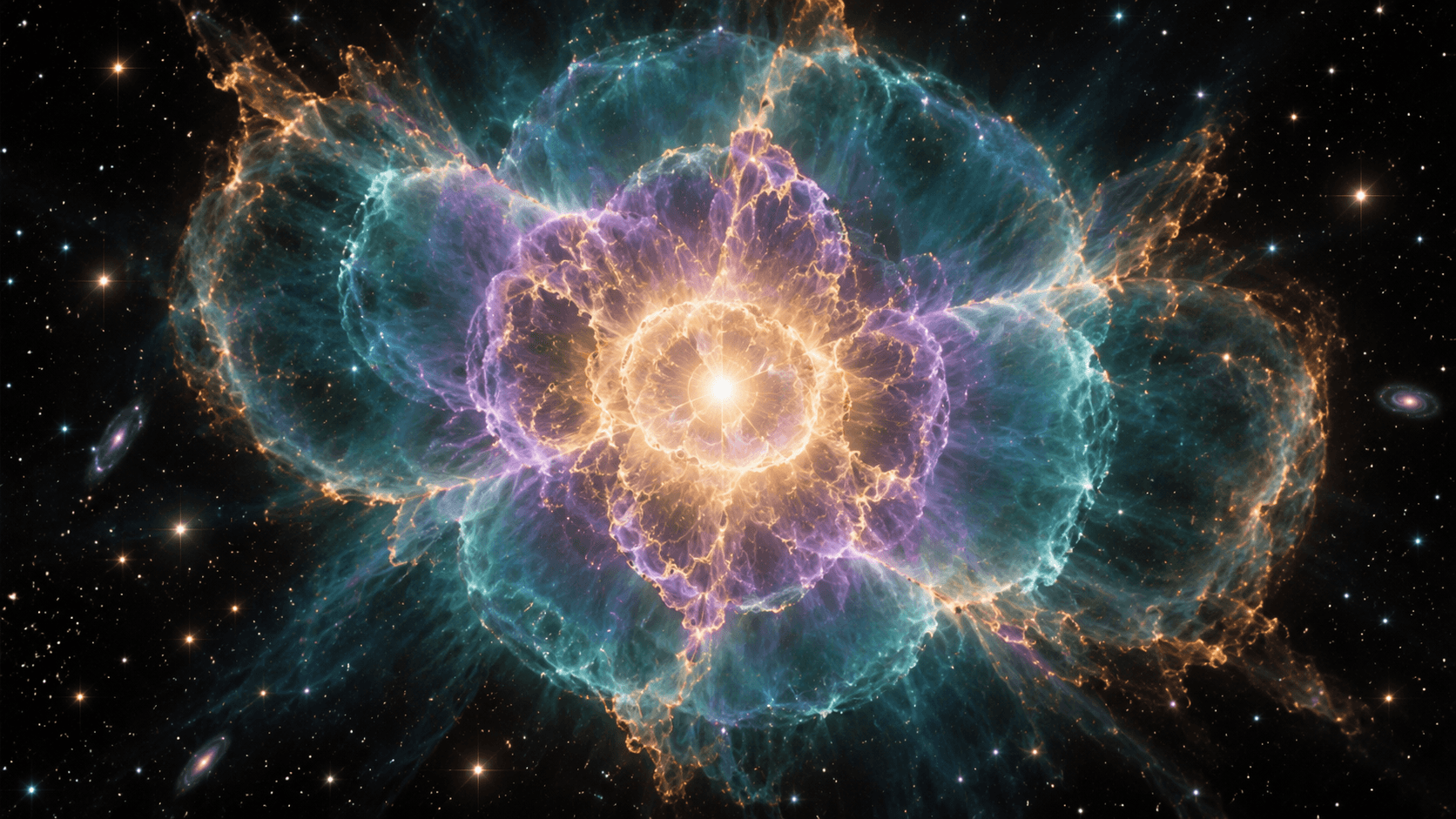 Illustration of a colorful shell of gas expelled by a dying star, glowing under ultraviolet light.