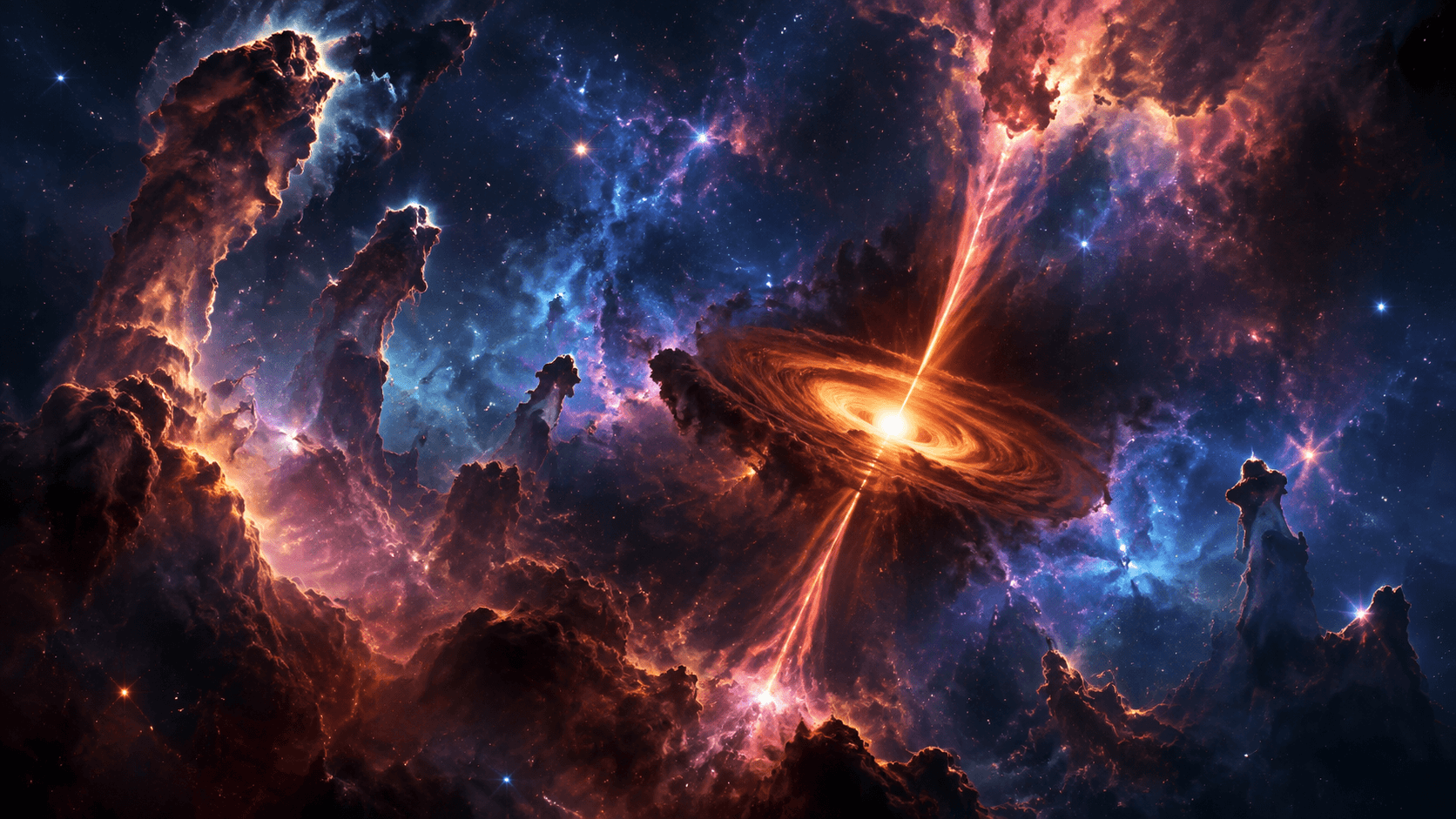 Illustration of protostars, jets, and pillars of gas inside a bright star-forming nebula.