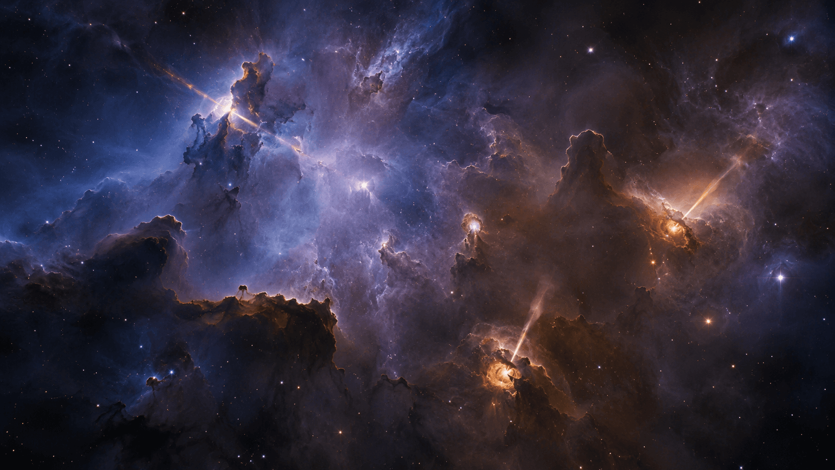 Illustration of a giant molecular cloud fragmenting into dense cores, with protostars and jets emerging.
