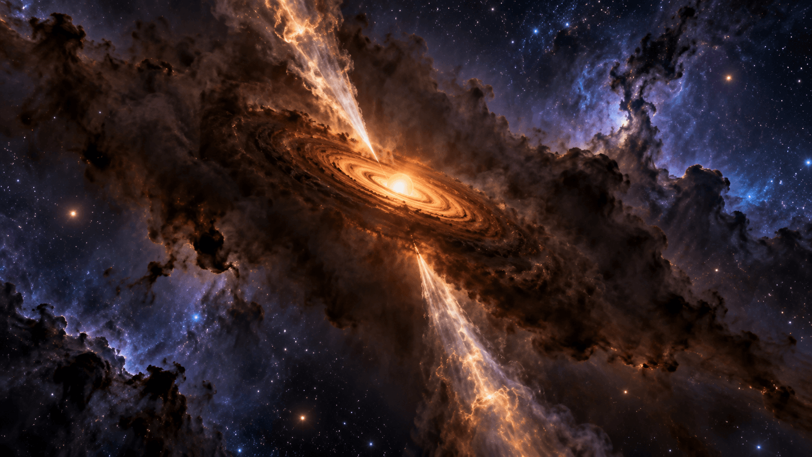 Illustration of a young protostar embedded in a dusty disk with bipolar jets emerging from its poles.