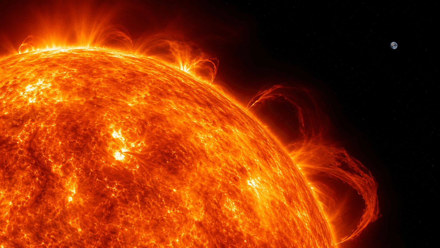 Illustration of the Sun showing its bright photosphere, magnetic filaments, and prominent surface activity.