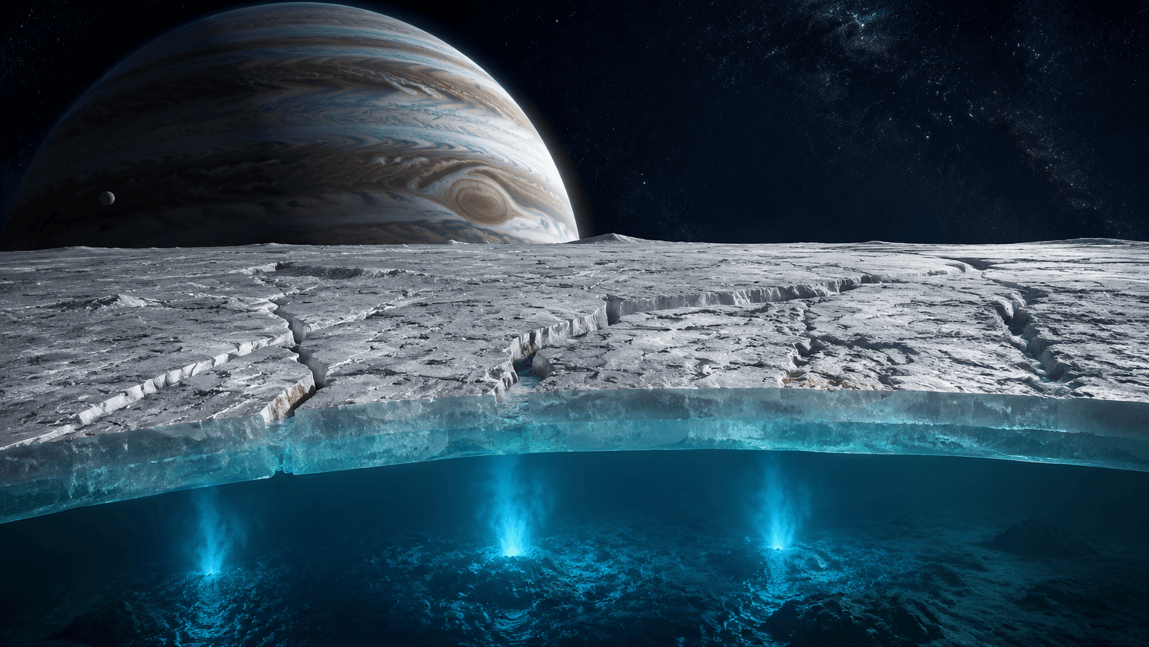 Illustration of Europa's icy surface crossed by dark bands, with the possible subsurface ocean shown in cutaway.