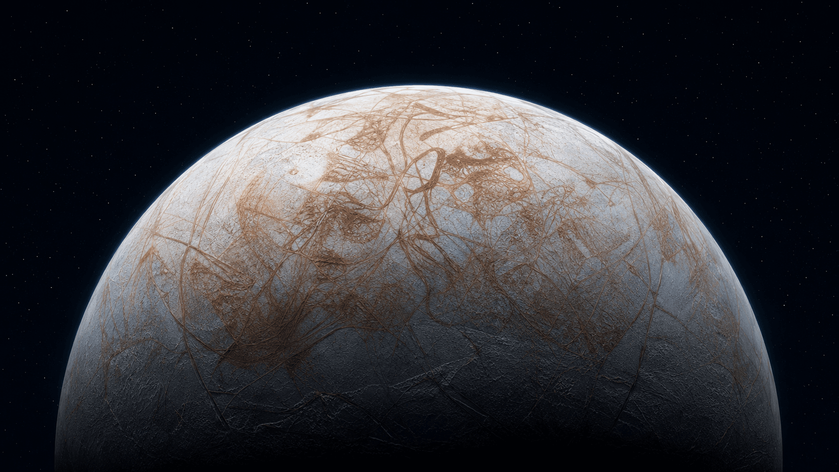 The icy surface of Europa, moon of Jupiter.