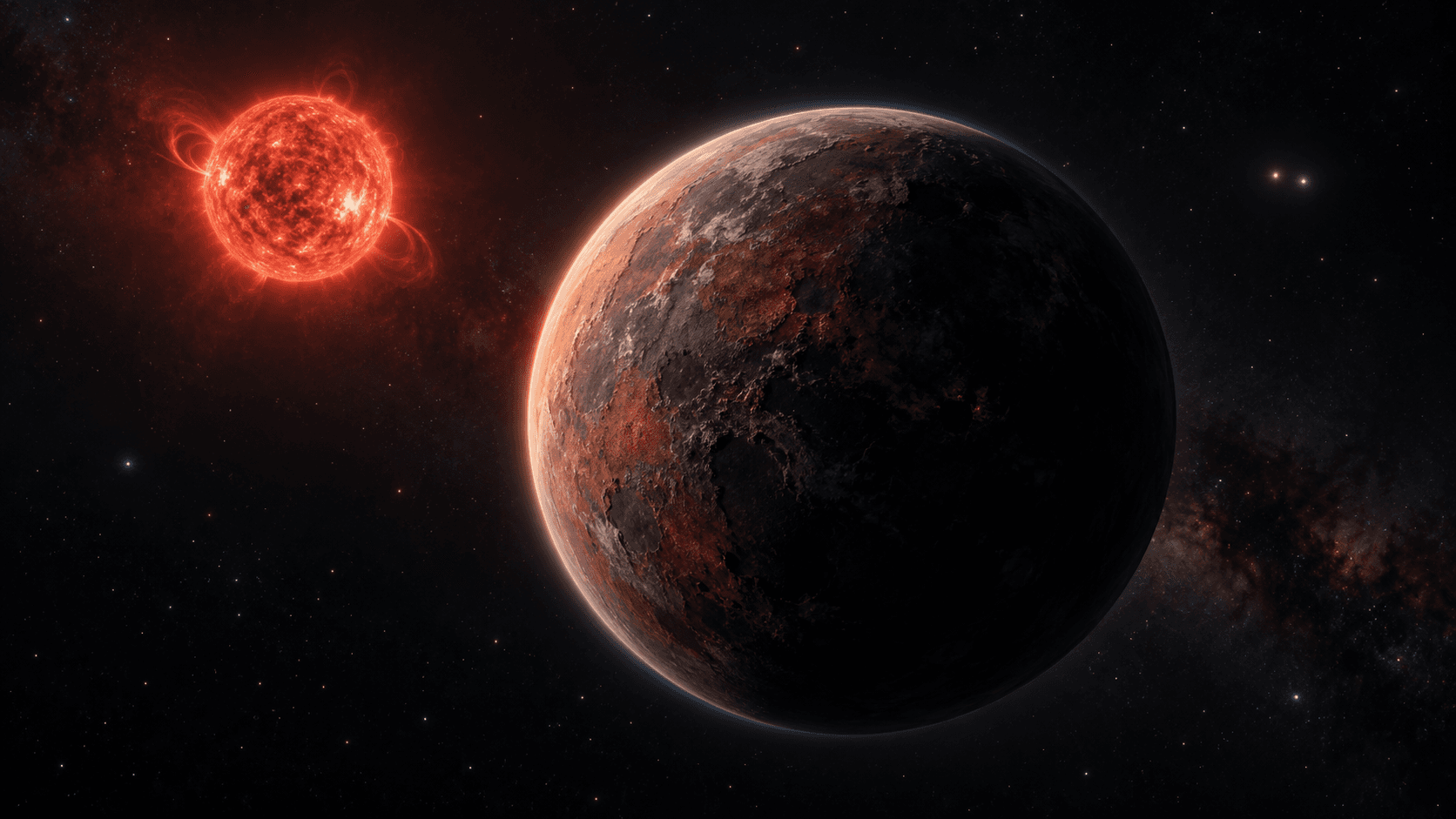Artist's concept of rocky Proxima Centauri b orbiting its red dwarf star