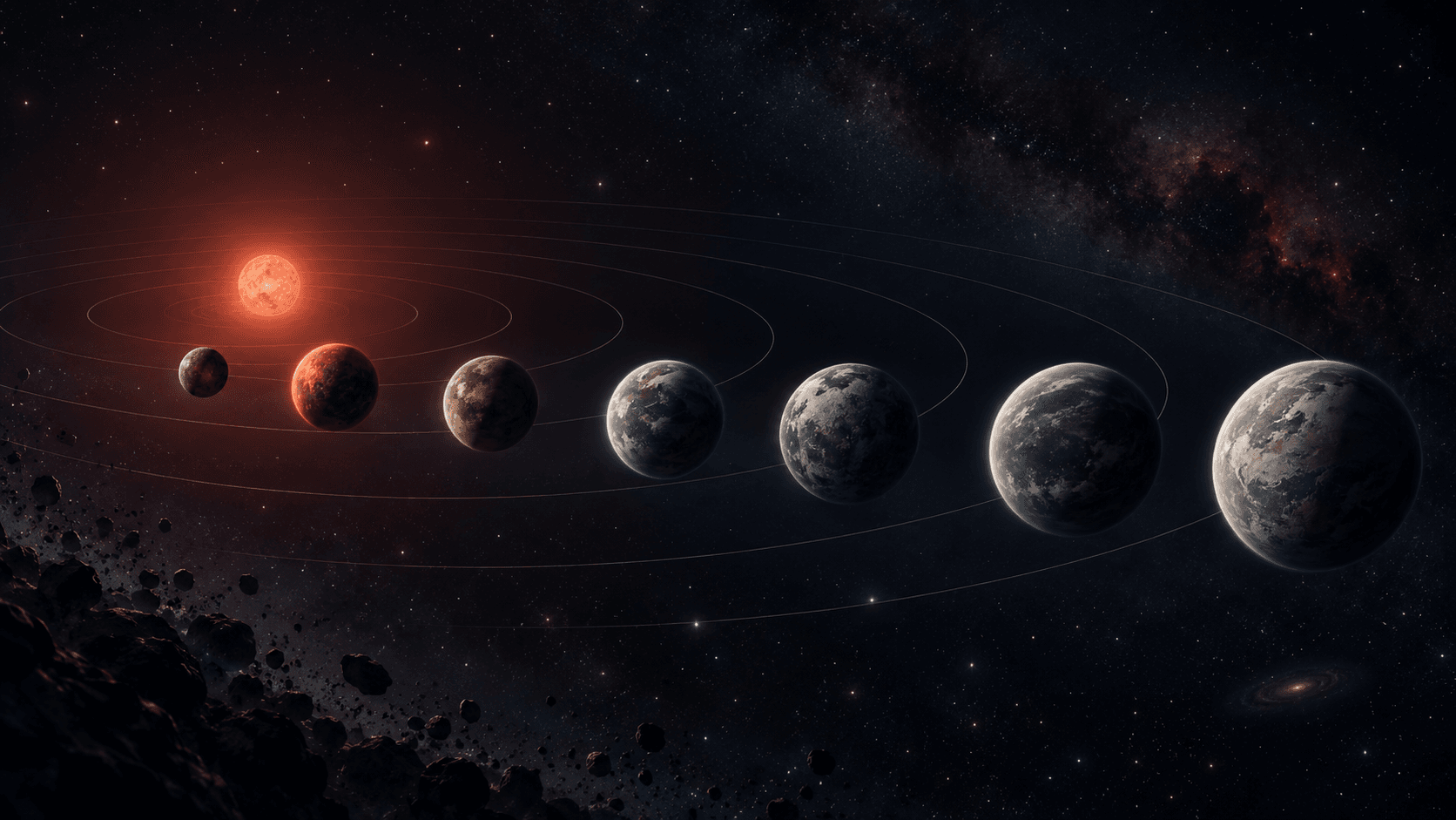 Artist's concept of seven rocky planets orbiting the ultracool dwarf TRAPPIST-1
