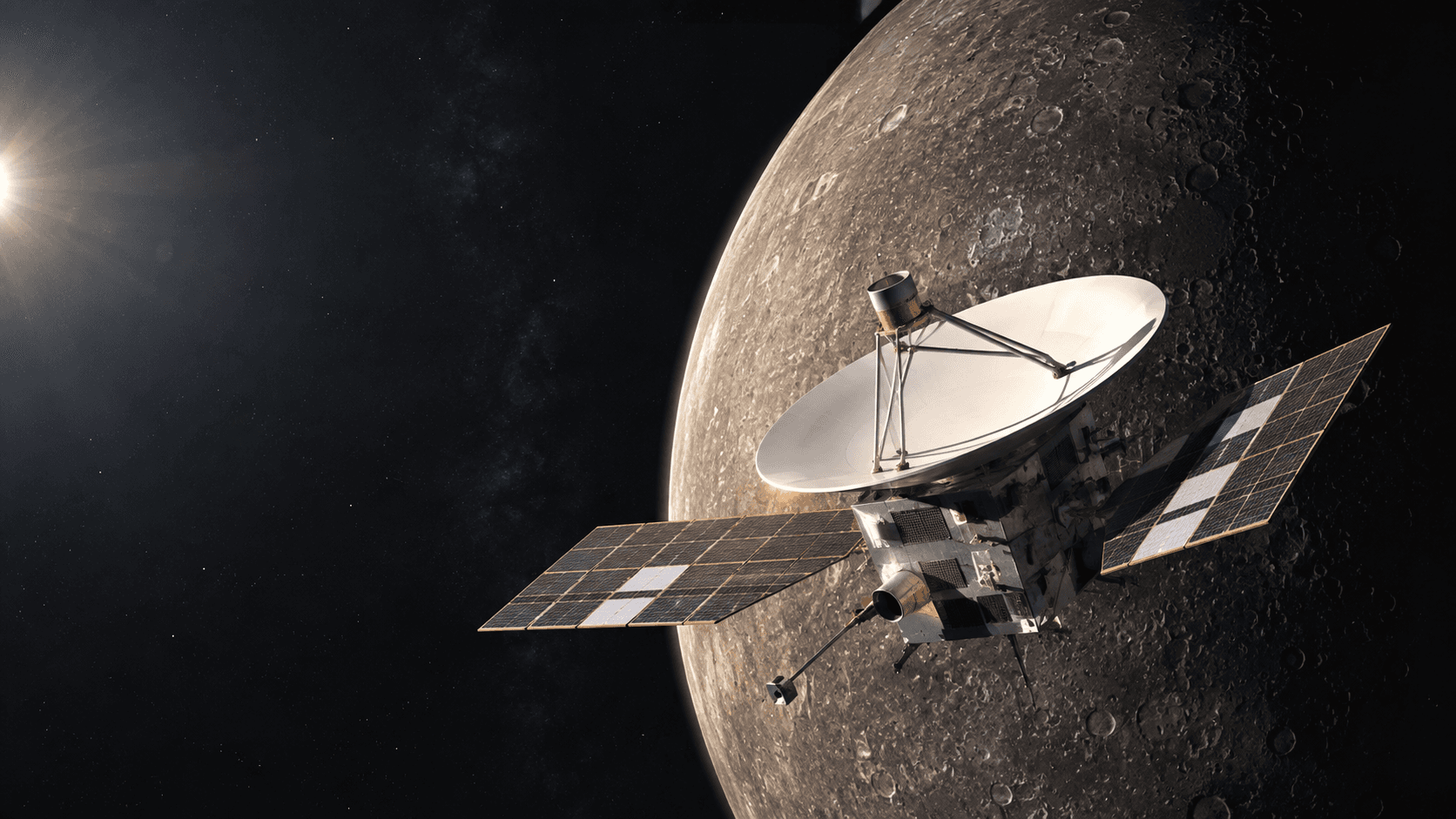 Original illustration of Mariner 10, a Mercury and Venus flyby mission, exploring Venus and Mercury.