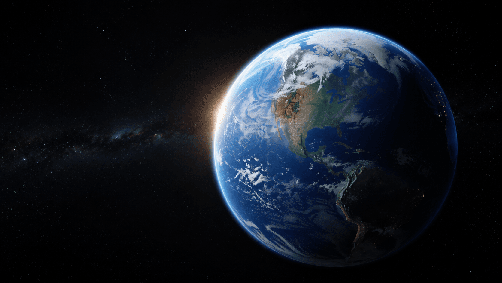 Earth from space showing blue oceans, brown and green continents, and swirling white clouds