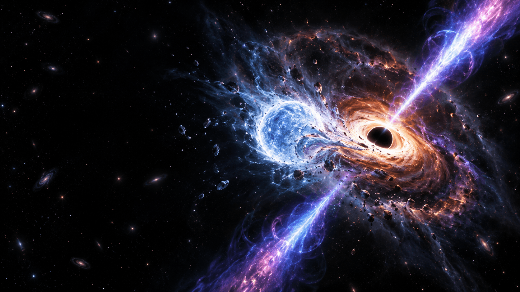 Artist's impression of a stellar-mass black hole with an accretion disk and a narrow relativistic jet, illustrating one proposed origin of GRB 250702B.