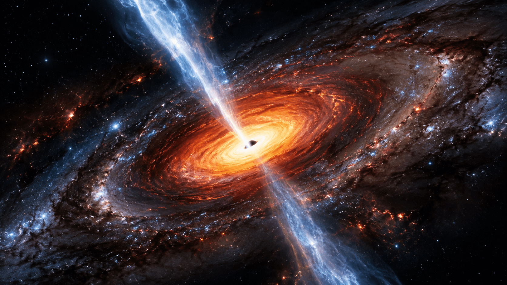 Illustration of a supermassive black hole with a bright accretion disk and relativistic jets emerging from its poles.