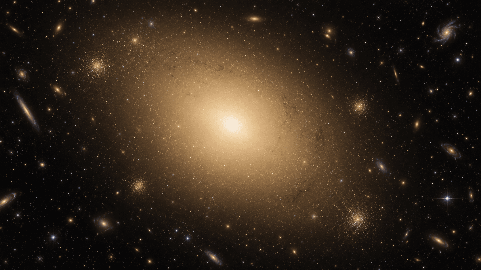 Illustration of a smooth, elongated elliptical galaxy with a bright central concentration of older stars.