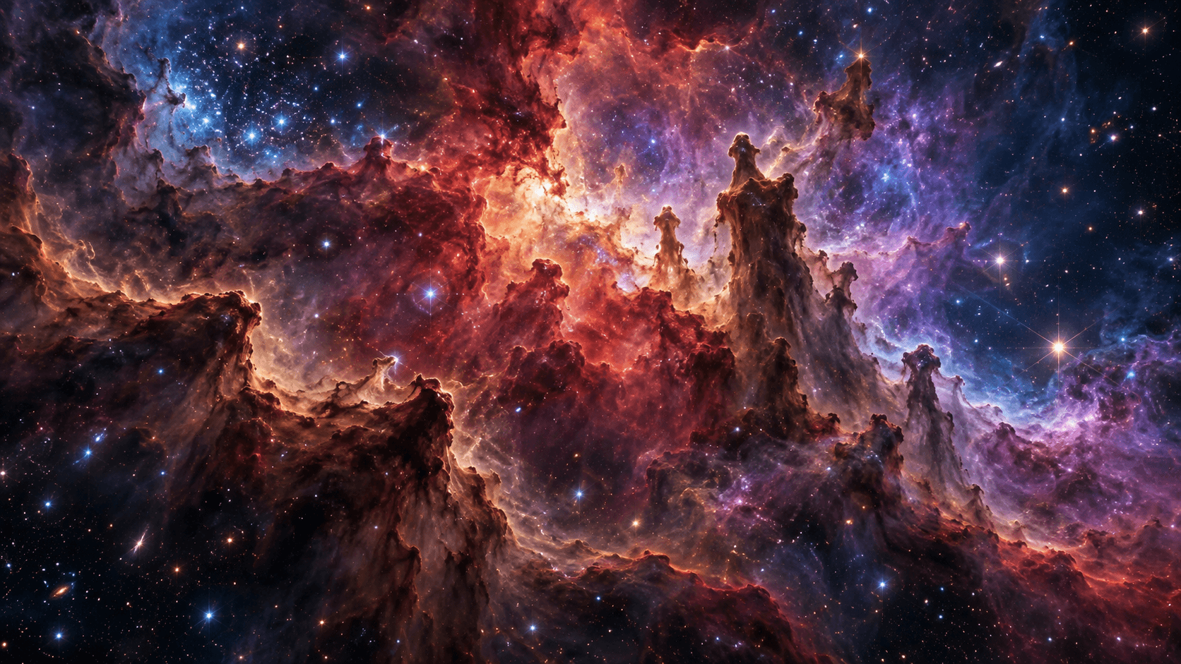 Illustration of a colorful nebula lit from within by young stars and shaped by radiation and winds.