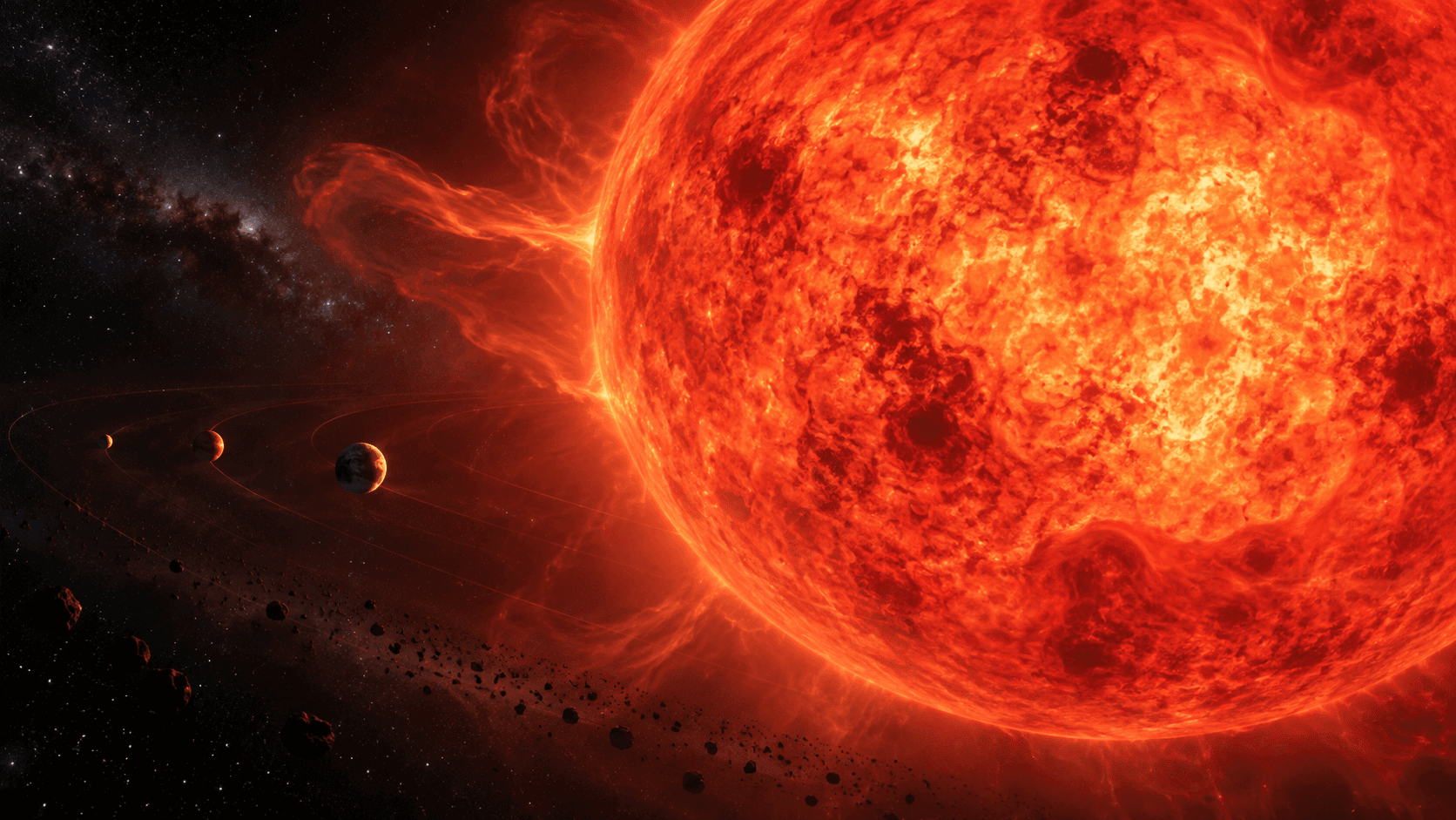 Illustration of a large, cool, reddish giant star with an extended, low-density outer atmosphere.