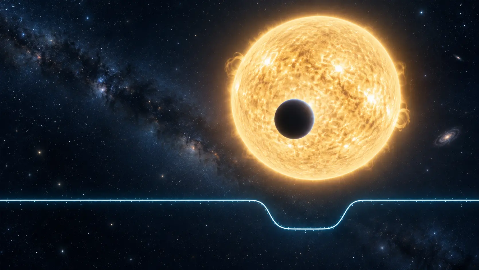 Transit method exoplanet crossing a star while its light curve dips