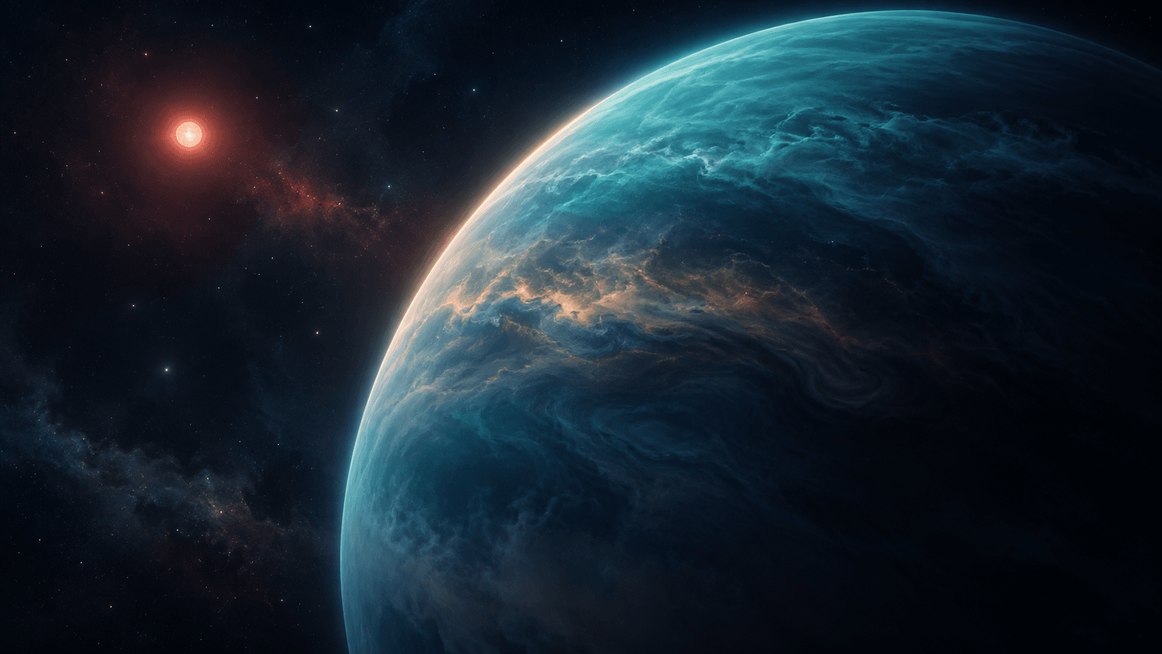 Artist's concept of the hazy sub-Neptune K2-18b orbiting a red dwarf