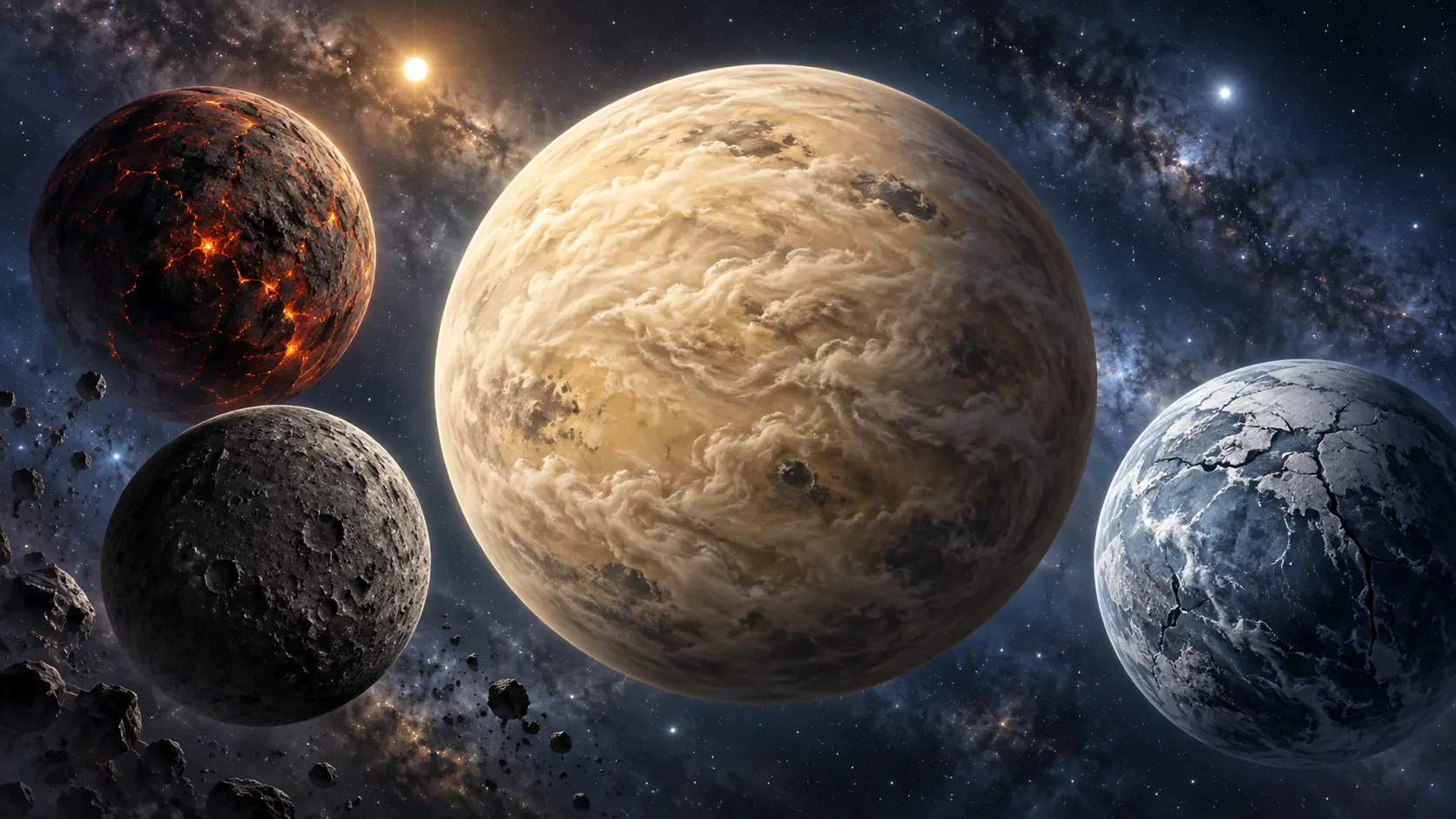 Diverse terrestrial exoplanets including volcanic, airless, cloudy, and frozen rocky worlds