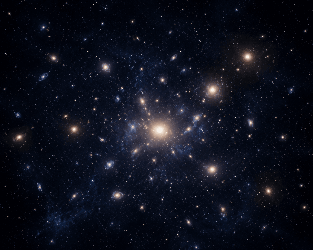 A cluster of galaxies against deep space.