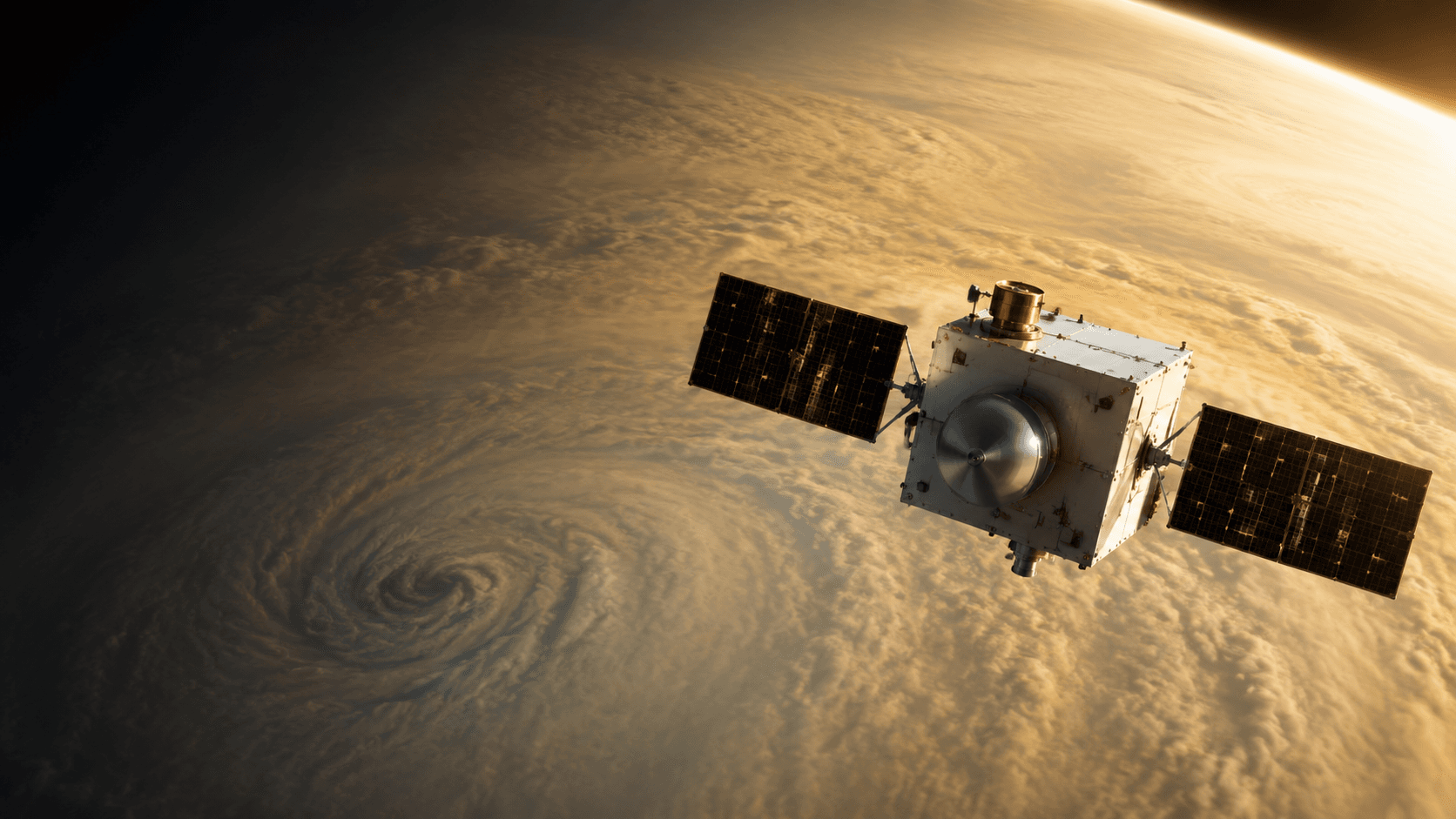 Original illustration of Akatsuki, a Venus climate orbiter, exploring Venus.