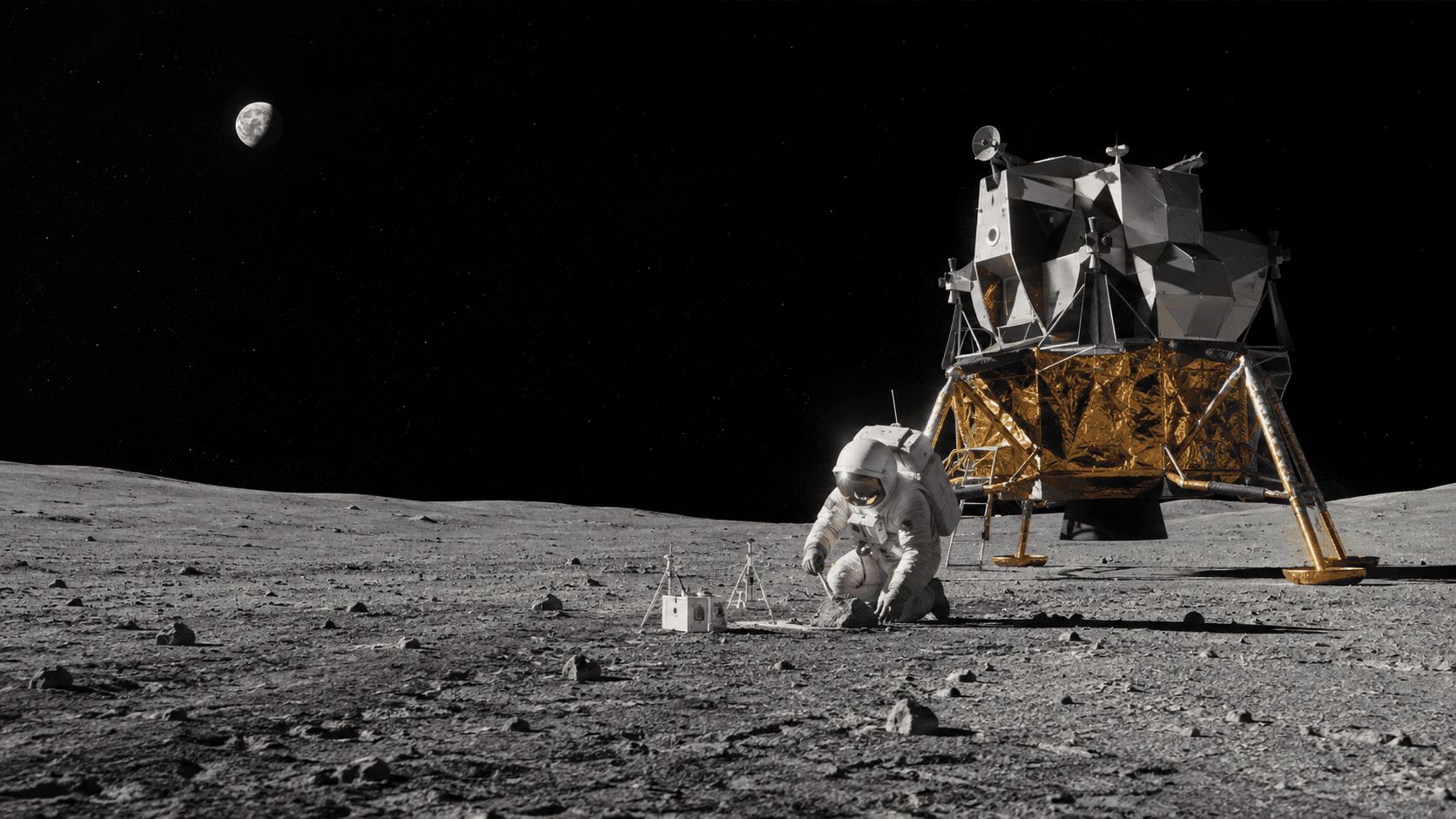 Original illustration of the Apollo Program, a crewed lunar exploration program, exploring the Moon.