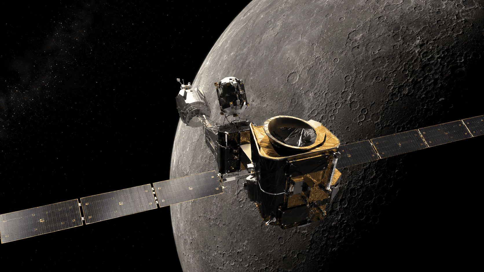 Original illustration of BepiColombo, a two-orbiter Mercury mission, exploring Mercury.