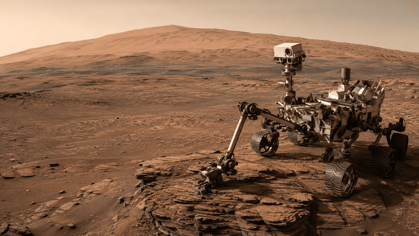 Original illustration of the Curiosity Rover, a Mars Science Laboratory rover, exploring Gale Crater, Mars.
