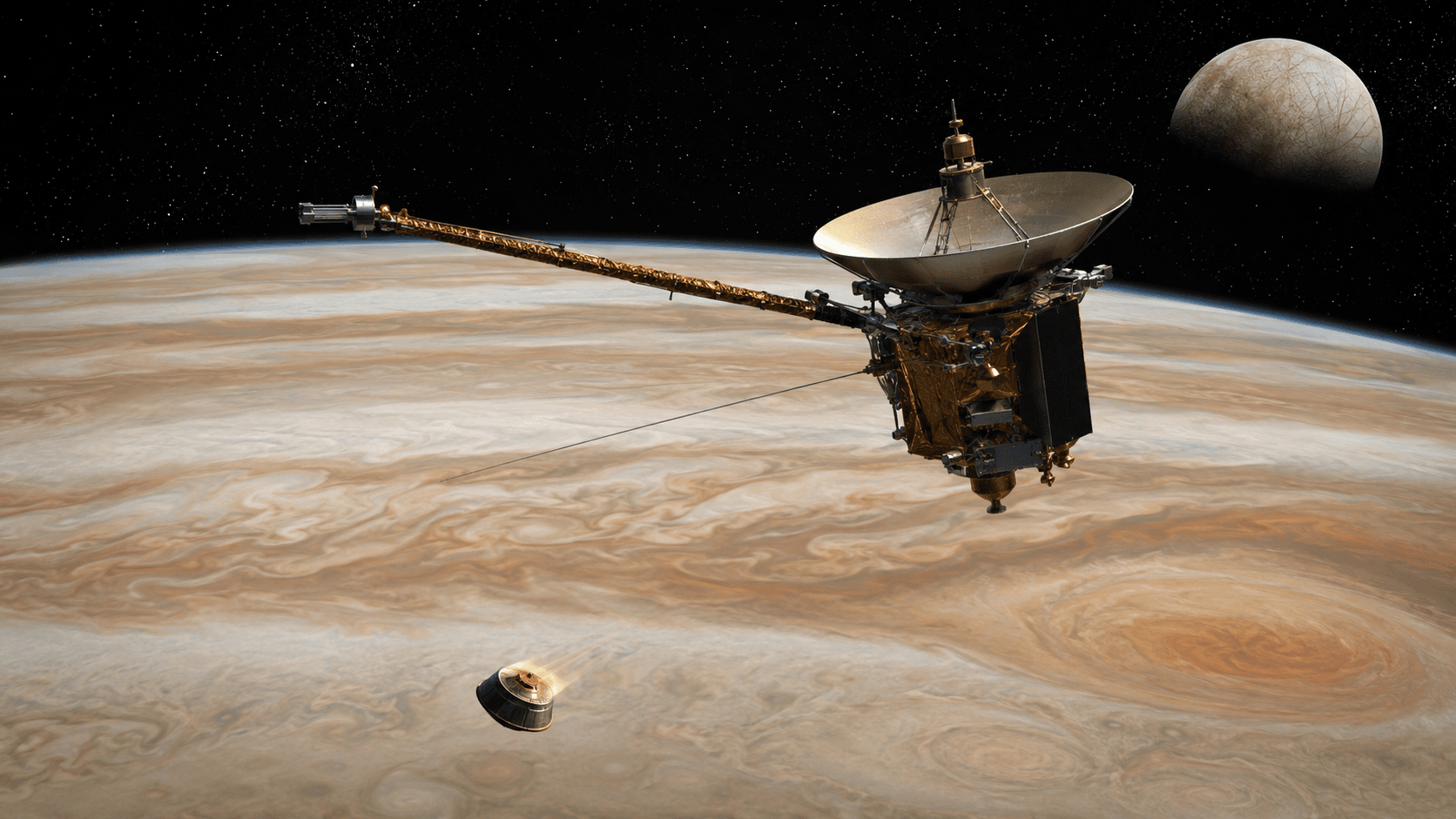 Original illustration of Galileo, a Jupiter orbiter and atmospheric probe, exploring Jupiter and its moons.