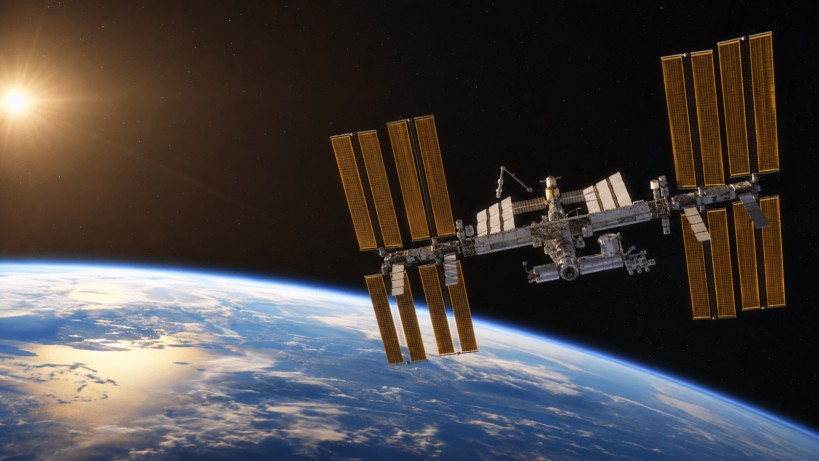 Original illustration of the International Space Station, a crewed orbital laboratory, exploring low Earth orbit.
