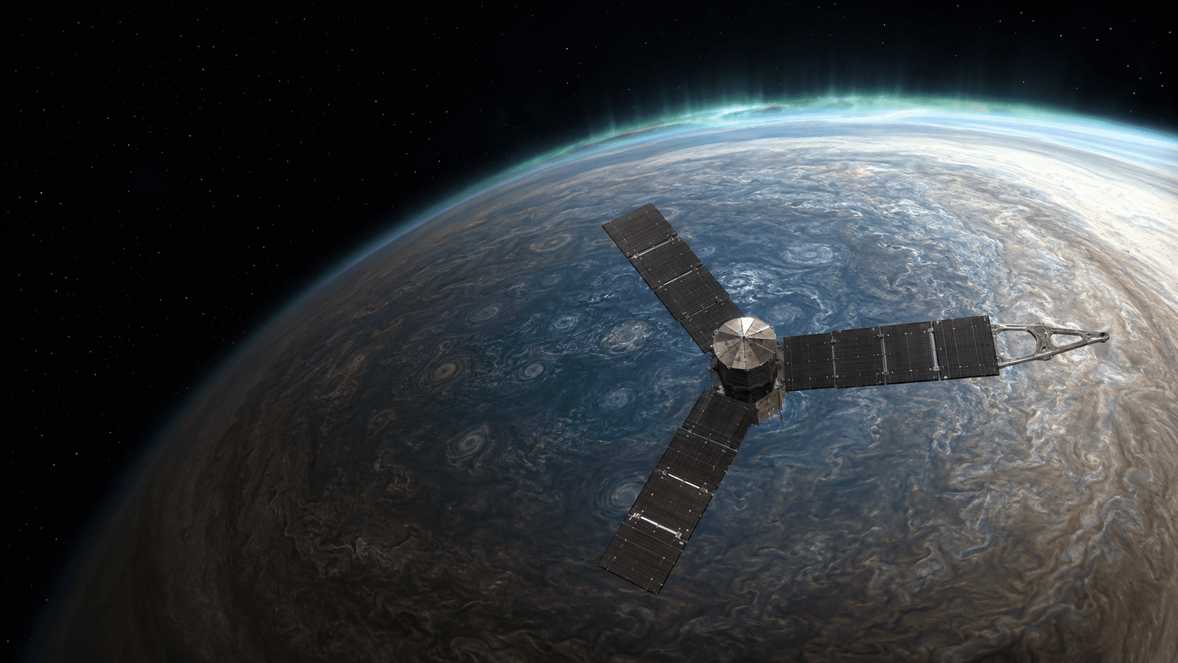 Original illustration of Juno, a polar Jupiter orbiter, exploring Jupiter and selected moons.