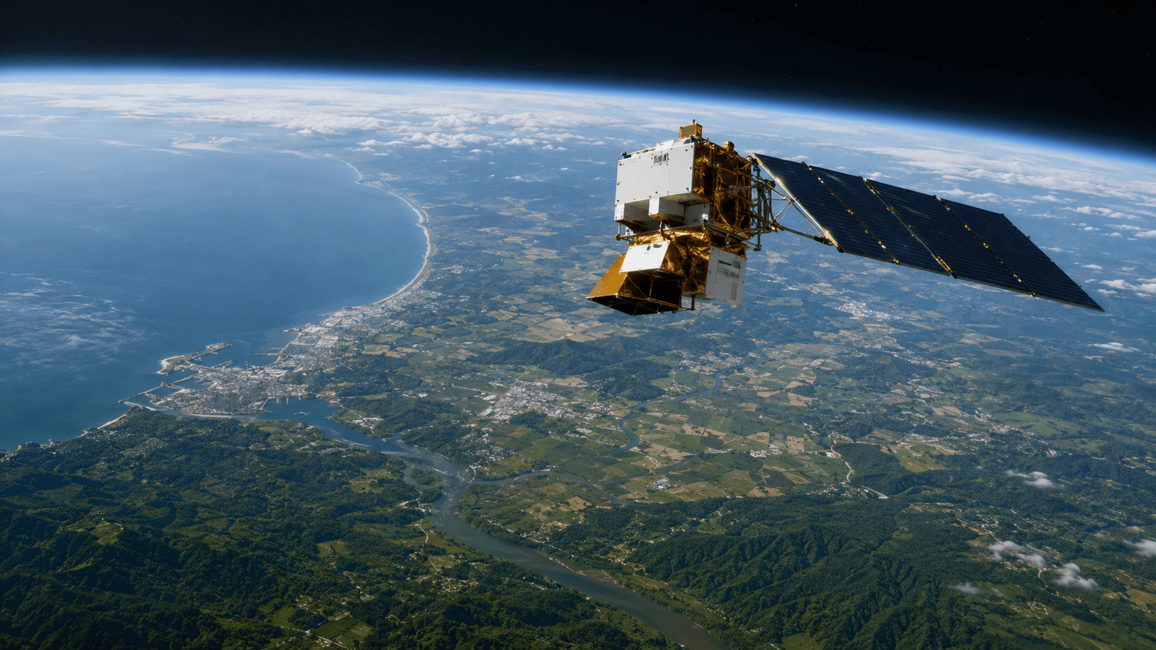 Original illustration of Landsat, an Earth-observation satellite program, exploring Earth.