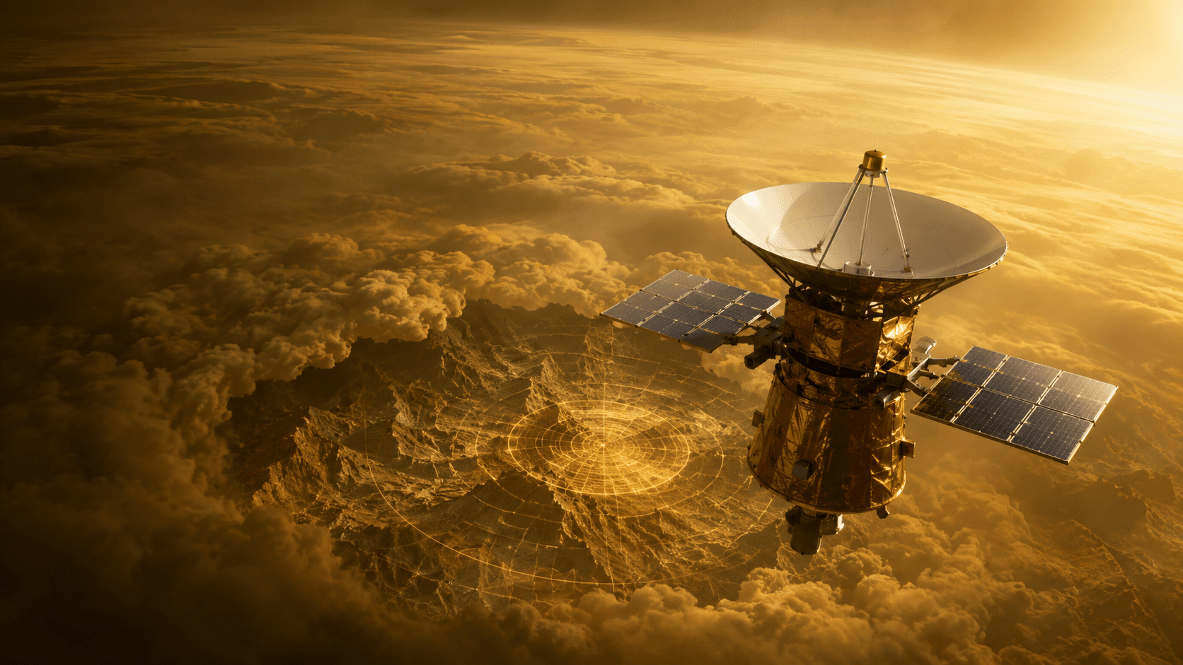 Original illustration of Magellan, a Venus radar-mapping orbiter, exploring Venus.