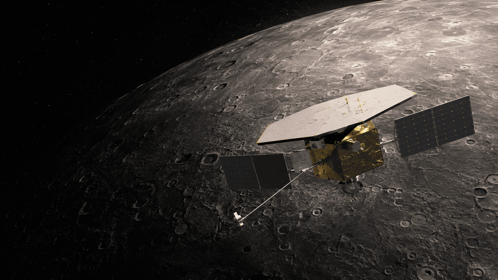 Original illustration of MESSENGER, a Mercury orbiter, exploring Mercury.