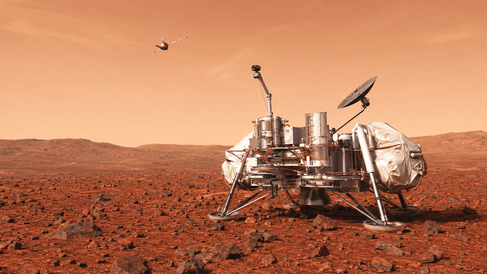Original illustration of the Viking Program, a Mars orbiter-and-lander program, exploring Mars.