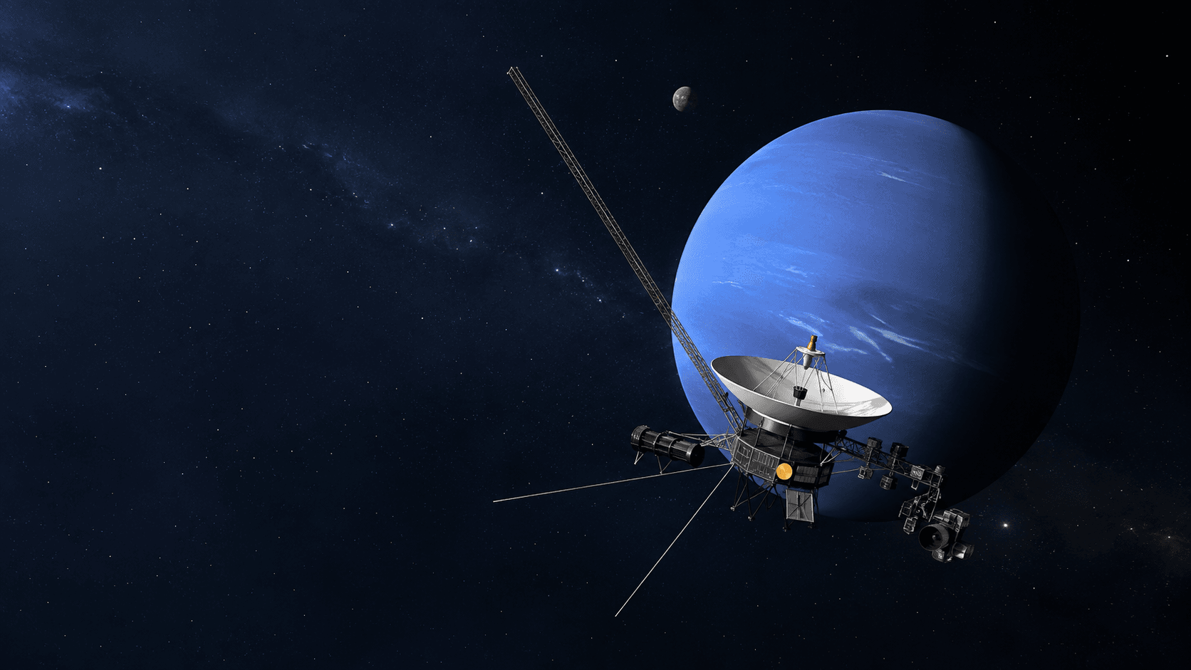 Original illustration of Voyager 2, a grand-tour and interstellar probe, exploring Jupiter, Saturn, Uranus, Neptune, and interstellar space.