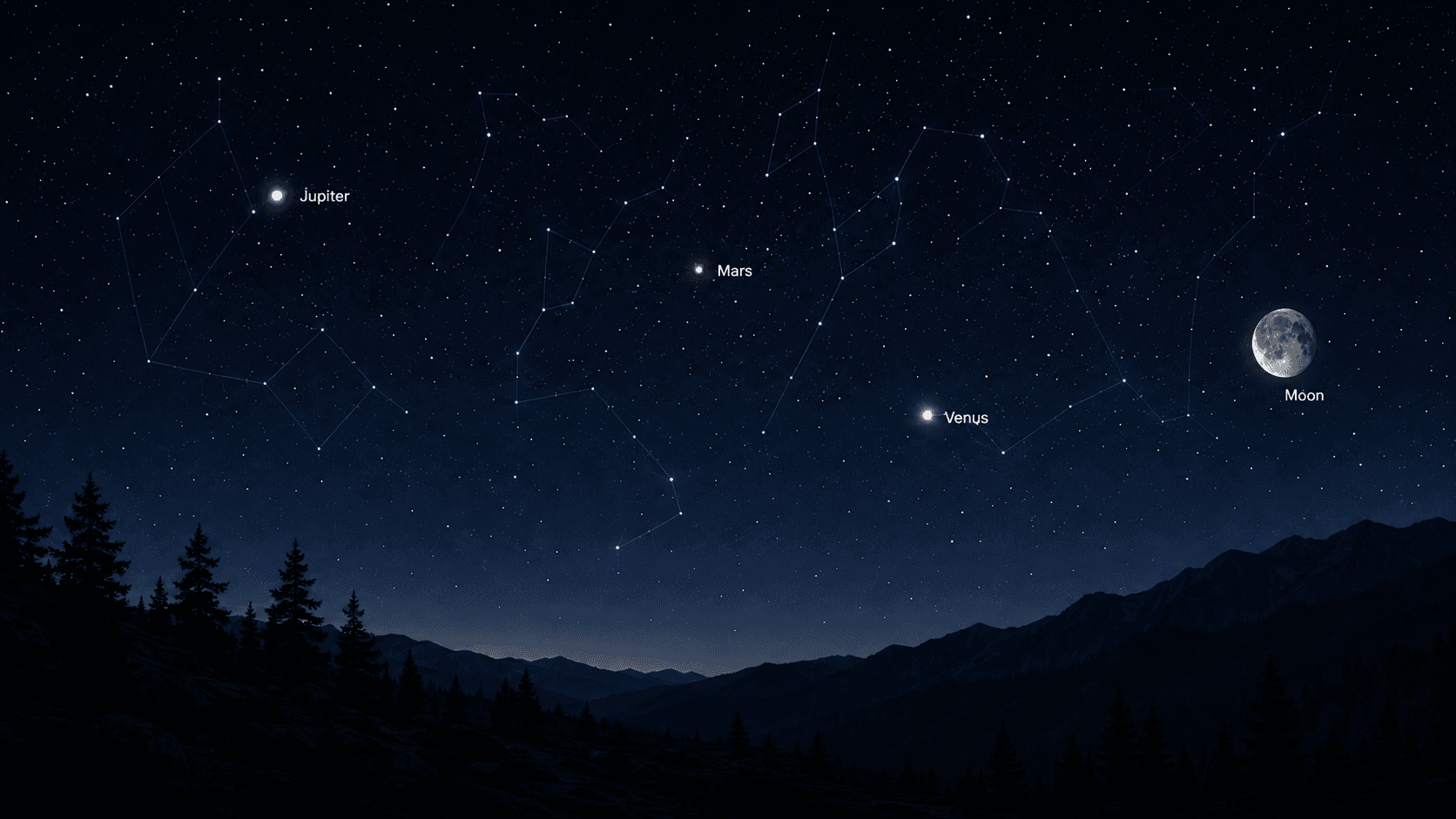 Illustrated night sky over silhouetted mountains, showing bright planets and the Moon.